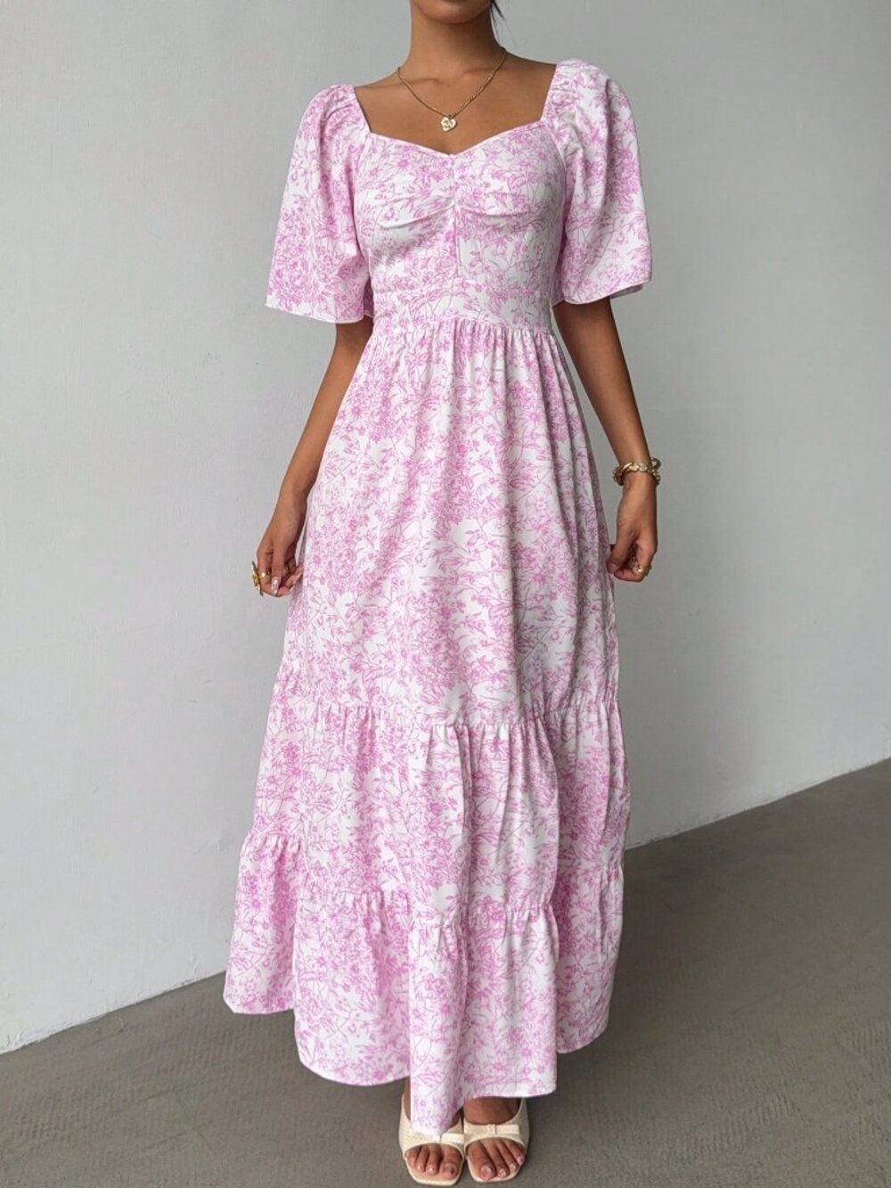 Pink Boho Women's Short Sleeve Beach Ditsy Floral Maxi Dress - Picture 3 of 6